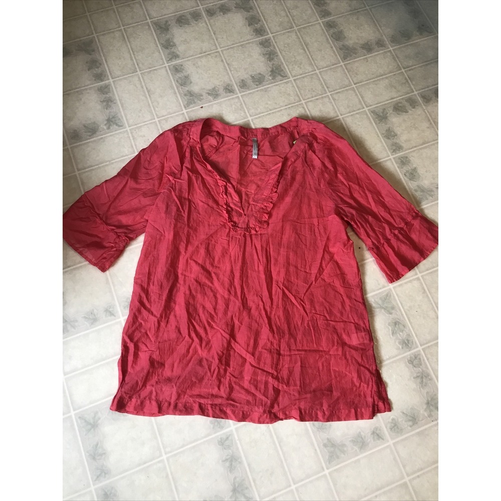 Old navy Tunic Cotton Bl Coral‎ Split Neck 3/4 ruffled sleeve Large Loose Boho